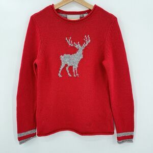 Liz Claiborne Red Gray Elk Deer 100% Lamb Wool Christmas Striped Back Sweater -M